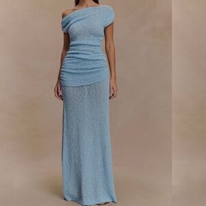 Meshki Off Shoulder Boucle Knit Top & Maxi Skirt Set- Light Blue